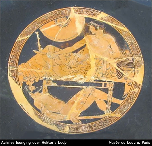 Achilles lounging over Hektor's body